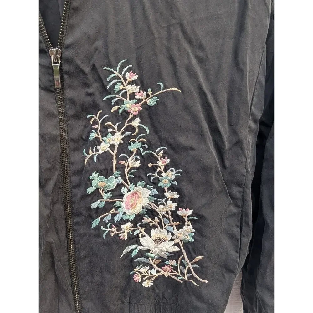 A Moss Womens Full Zip Floral‎ Embroidered Bomber Jacket XS Black Lyocell Blend